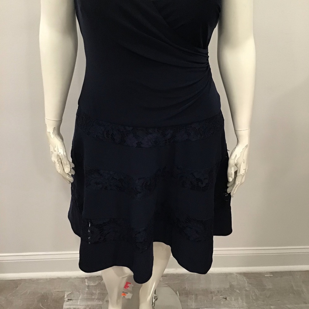 Lauren Ralph Lauren Dress Women 16 Navy Blue New Lace Trim Surplice V-Neck - Picture 5 of 16